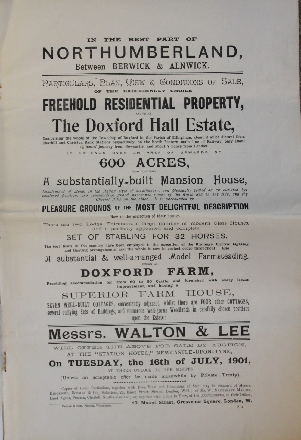 The Doxford Hall Estate Between Berwick and Alnwick, Northumberland. Auction Sale Catalogue.