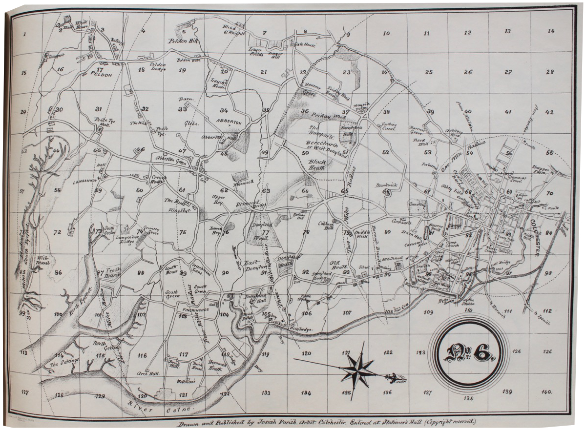 Pen Drawn Maps of Colchester and Its Route Marches. Drawn to the scale of two inches to a mile; and showing a circle of six miles radius. With copious index alphabetically arranged.