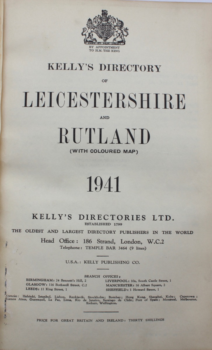 Kelly&rsquo;s Directory of Leicestershire and Rutland with coloured map. 1941.