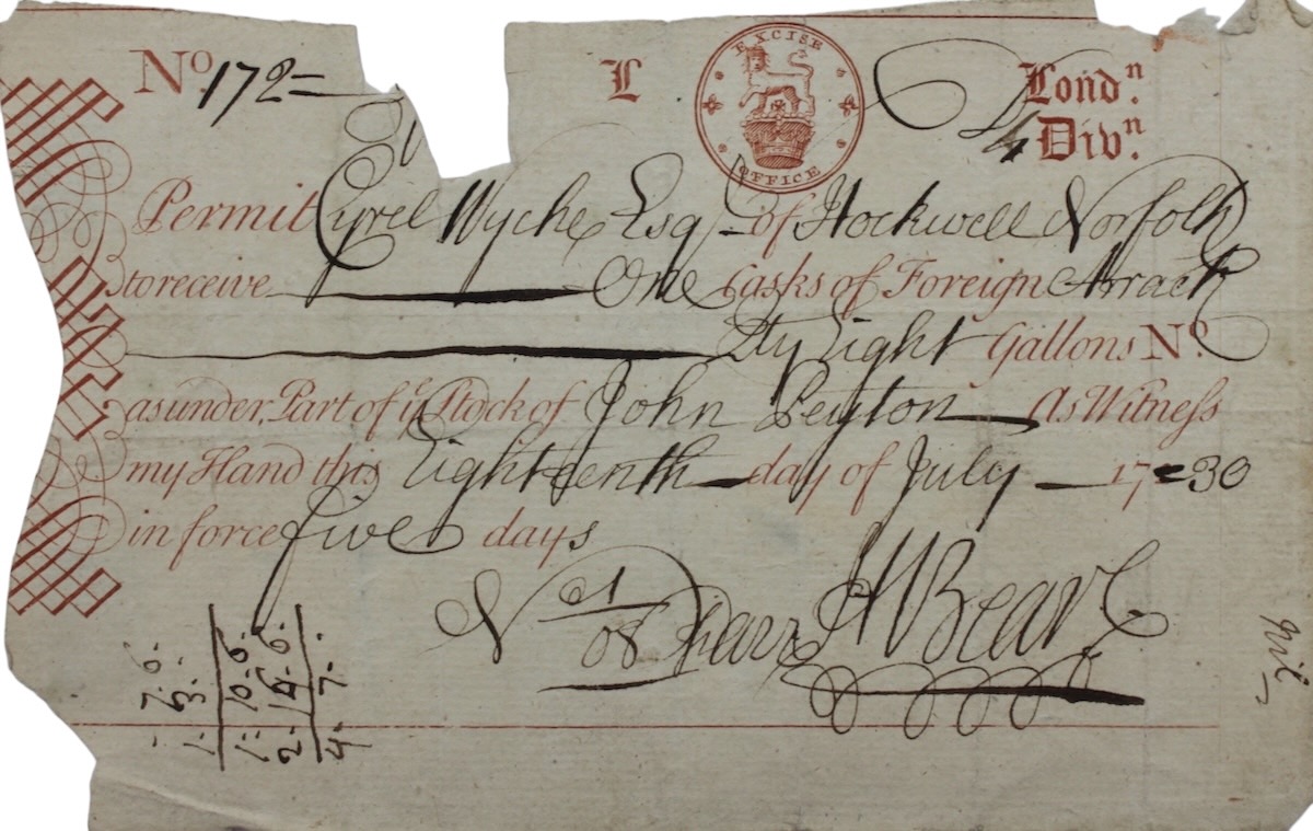 Permit Cyril Wyche Esq of Hockwell, Norfolk to receive One cask of Foreign Arack Qty Eight Gallons No. as under, Part of ye Stock of John Peyton.
