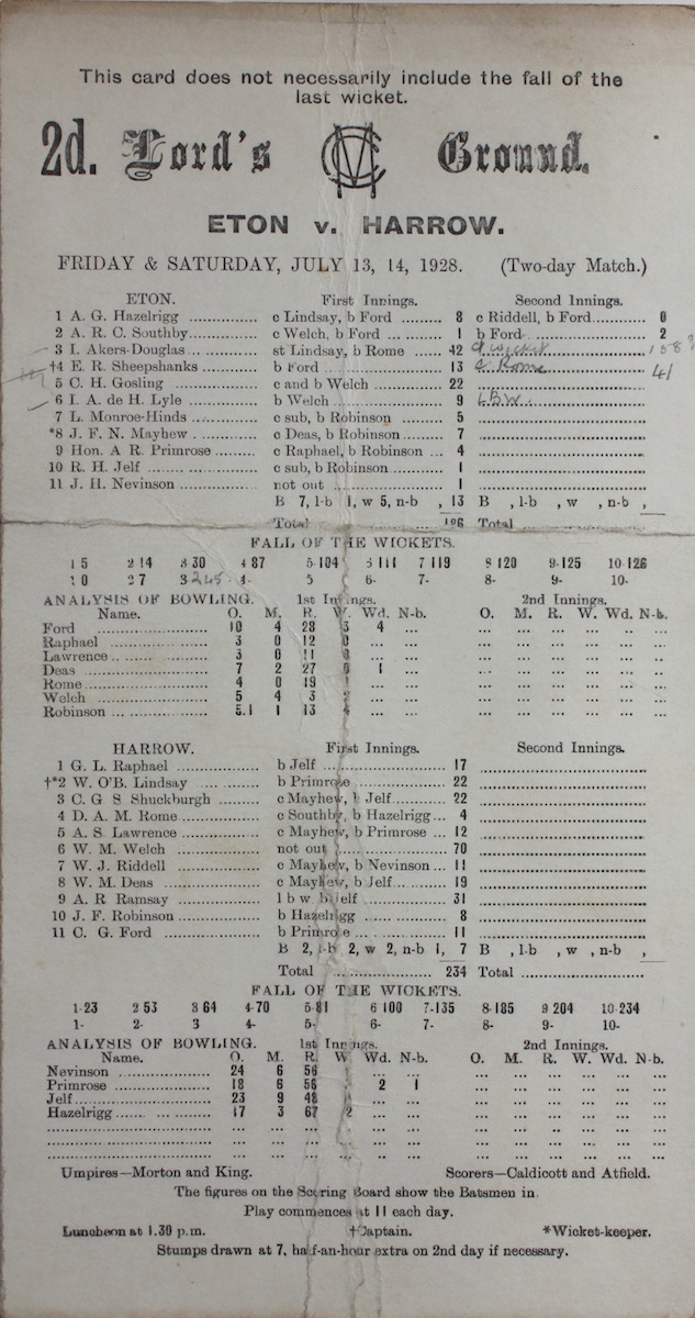 Lord’s Ground. Eton V. Harrow. Part Printed Scorecard.