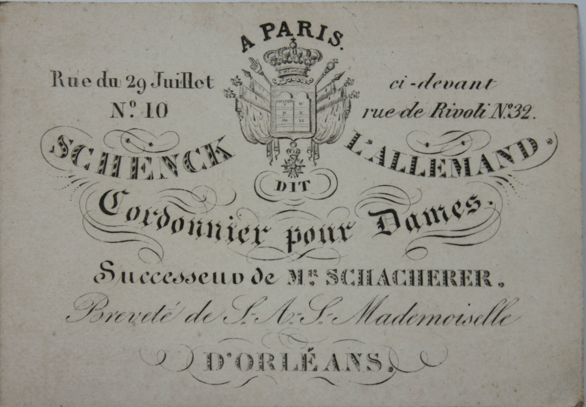 Ladies Shoe Maker to her Majesty the Princess Imperial Marie Louise, Archidutchess [sic] of Austria.of Paris [and] London, 29, Conduit Street.