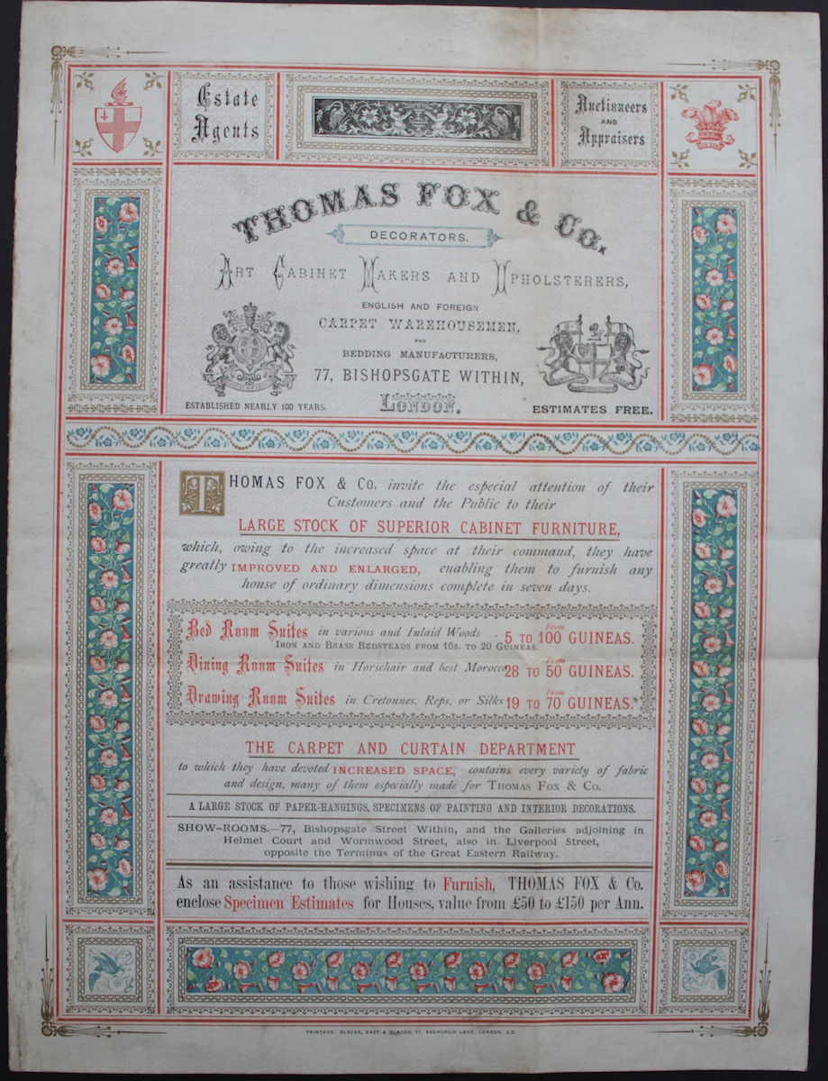 Decorators, Art Cabinet Makers and Upholsterers, English and Foreign Carpet Warehousemen, and Bedding Manufacturers.