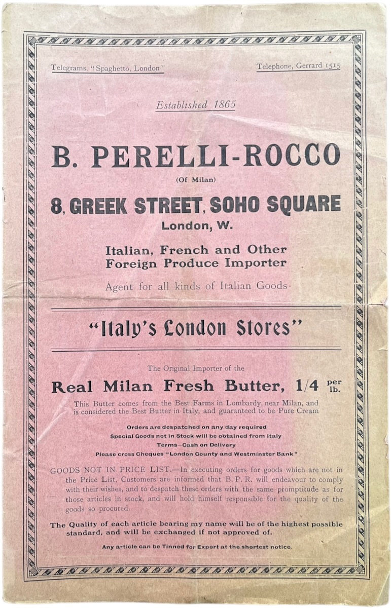 Retail Price List. Italian, French and Other Foreign Produce Importer. The Original Importer of Real Milan Fresh Butter, ¼ per ib.