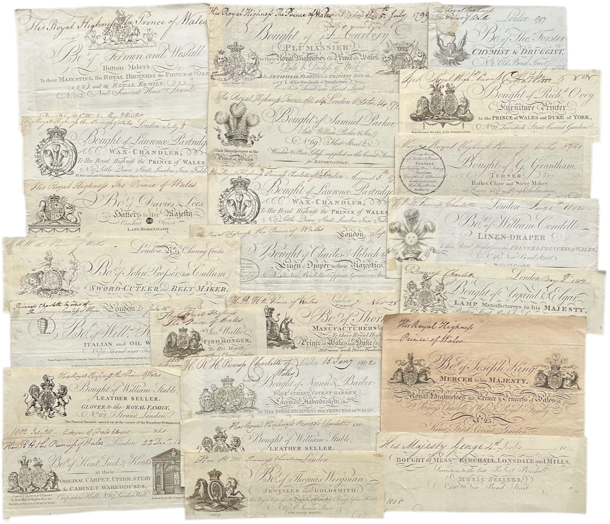 68 Royal Georgian and Regency Bill Heads. Prince of Wales and Princess Charlotte.