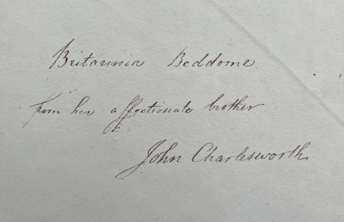 Album Amicorum presented to Britannia Beddome by John Charlesworth.