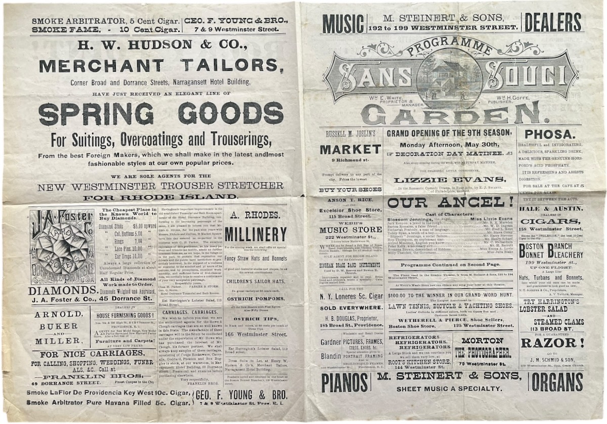 Programme for Grand Opening of the Ninth Season at Sans Souci Garden. Wm. E. White, proprietor and manager, Wm. H. Goffe, publisher.