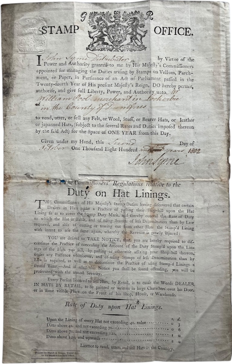 [Licence]. to vend, utter, or sell any Felt, or Wool, Stuff, or Beaver Hats, or Leather or japanned Hats, (subject to several rates and Duties imposed thereon by the said Act).