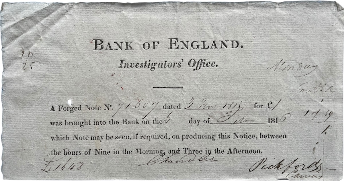 Investigators’ Office. [Notice of Forged Note]
