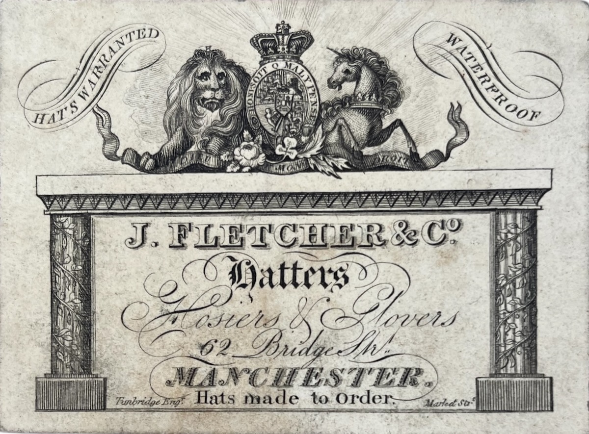 Hatters, Hosiers & Glovers. 62, Bridge Street, Manchester.