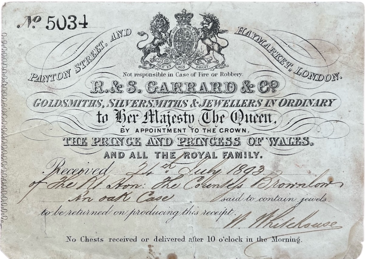 Receipt issued to the Countess Brownlow for An Oak Case, said to contain jewels, to be returned on producing this receipt.