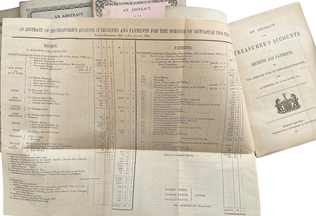 An Abstract of the Chamberlain&rsquo;s [Treasurer&rsquo;s] Accounts of Income and Expenditure [Receipts & Payments] of the Mayor and Burgesses [the Borough Fund] of Newcastle upon Tyne. For 1830 - 1831 and 11 other years to 1851.