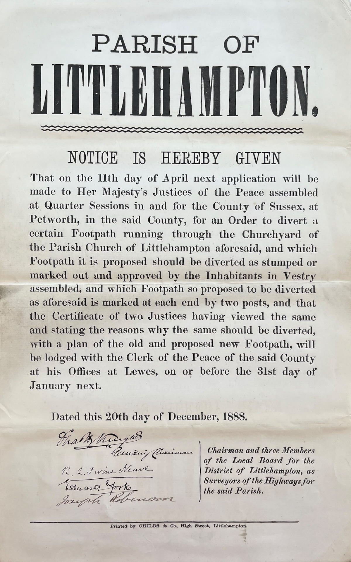 Notice is Hereby Given. to Her Majesty&rsquo;s Justices of the Peace. for an Order to Divert a certain Footpath running through the Churchyard.