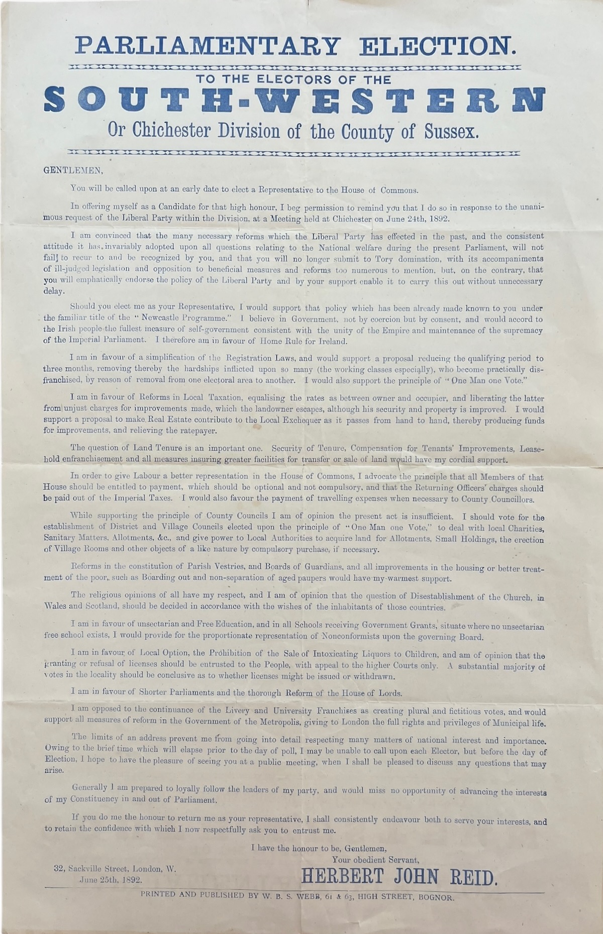 Parliamentary Election. To the Electors of the South-Western or Chichester Division of the County of Sussex. Herbert John Reid.