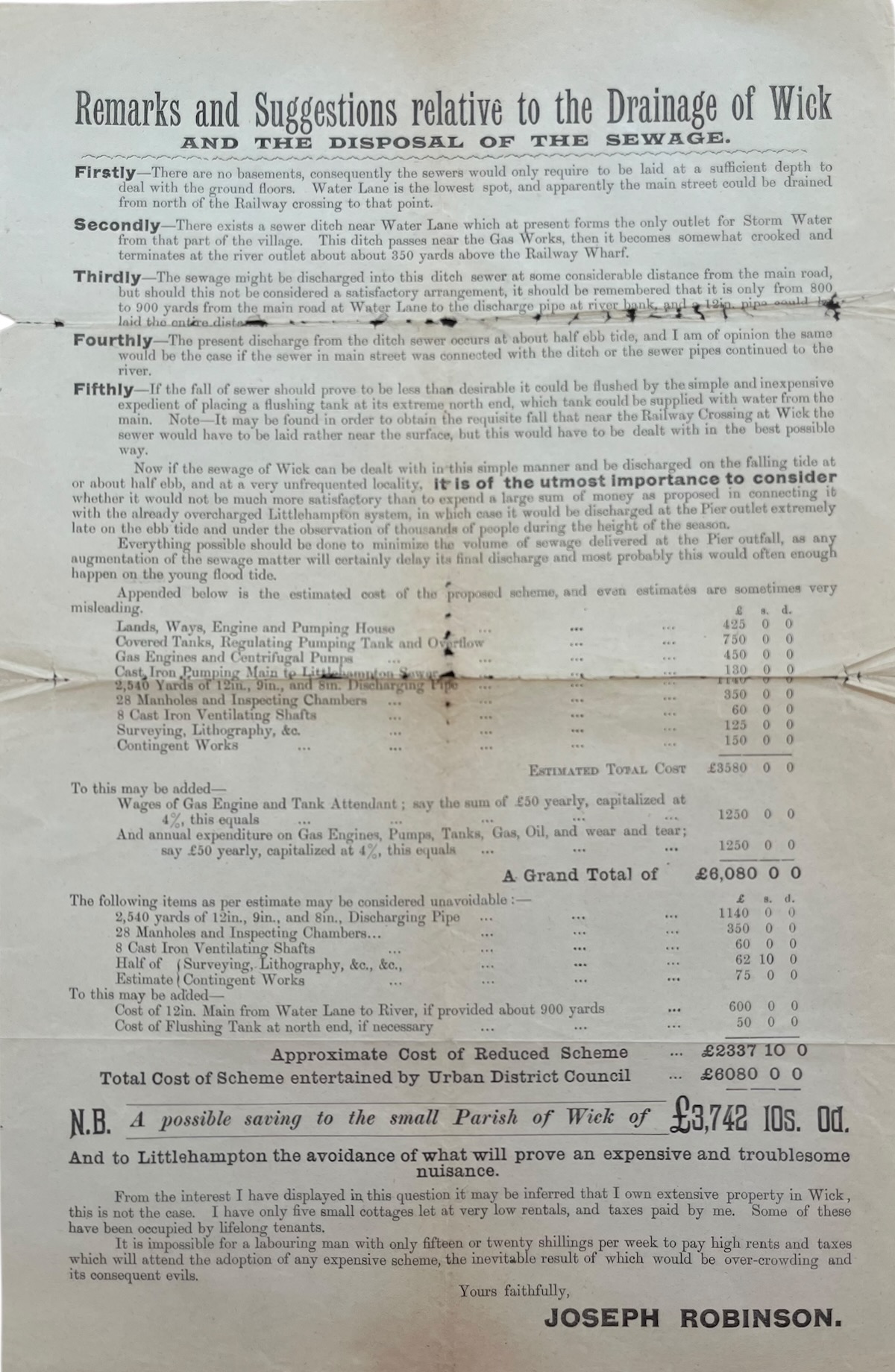 Remarks and Suggestions Relative to the Drainage of Wick and the Disposal of the Sewage. Joseph Robinson.