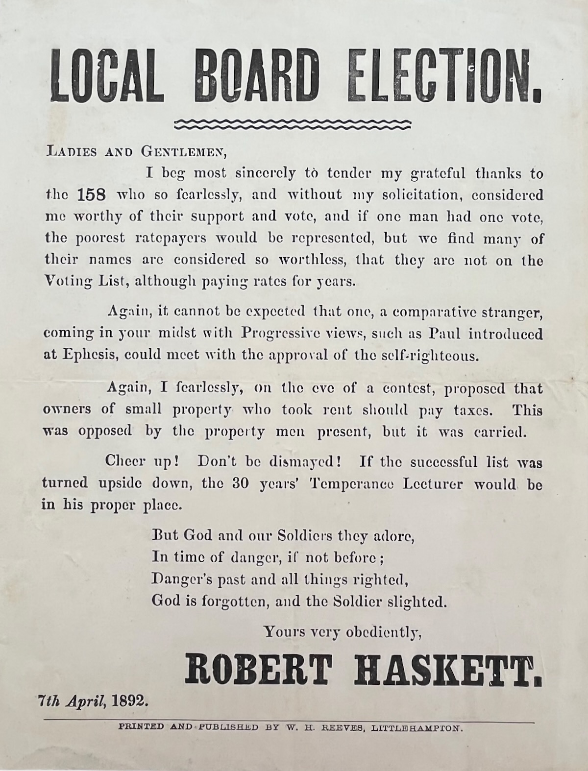 Local Board Election. [Letter of thanks from] Robert Haskett.
