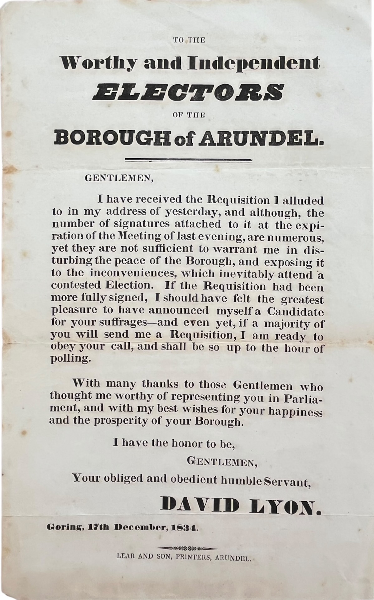 To the Worthy and Independent Electors of the Borough of Arundel. David Lyon.