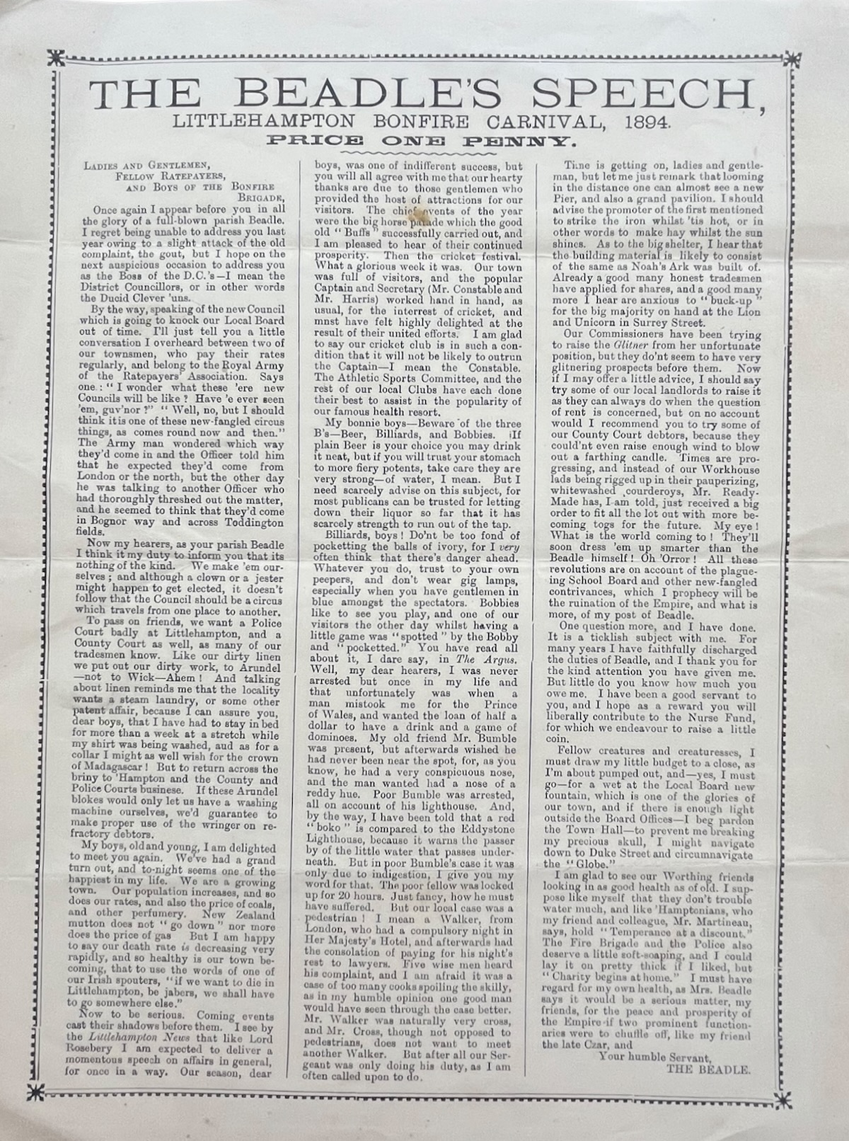 The Beadle&rsquo;s Speech, Littlehampton Bonfire Carnival, 1894. [To] Ladies and Gentlemen, Fellow Ratepayers, and Boys of the Bonfire Brigade.