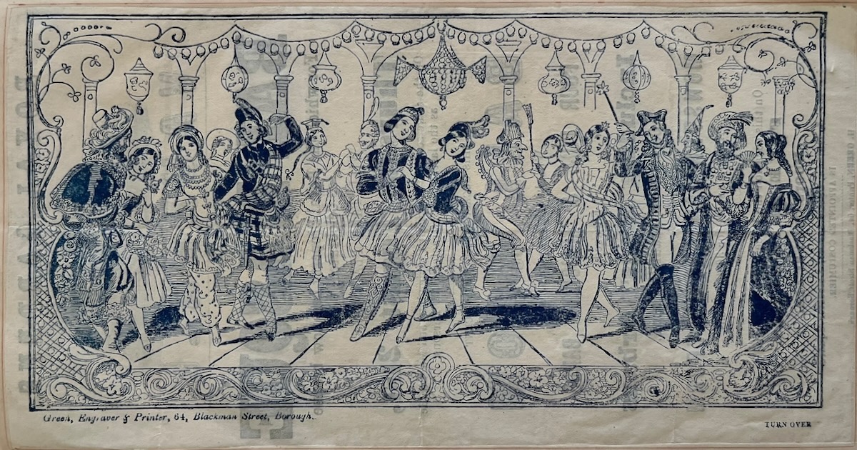 Royal Gardens Vauxhall. Another Grand Bal Masque For which the Royal Property has now become so celebrated, will take place on Thursday August 21st. on the same scale of unqualified Splendour and Magnitude as the last, which attracted 9000 persons. Monster Dancing Platform Affording Space for 3000 P