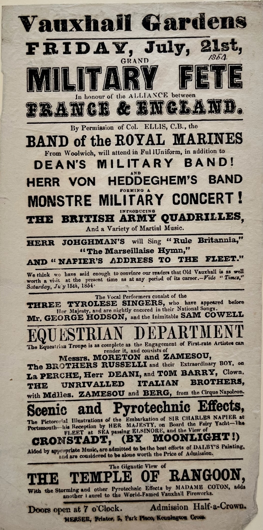 Friday, July, 21st. Grand Military Fete in Honour of the Alliance Between France & England. Equestrian Department. Scenic and Pyrotechnic Effects. The Gigantic View of the Temple of Rangoon, with the Storming and Other Pyrotechnic Effects by Madam Coton.