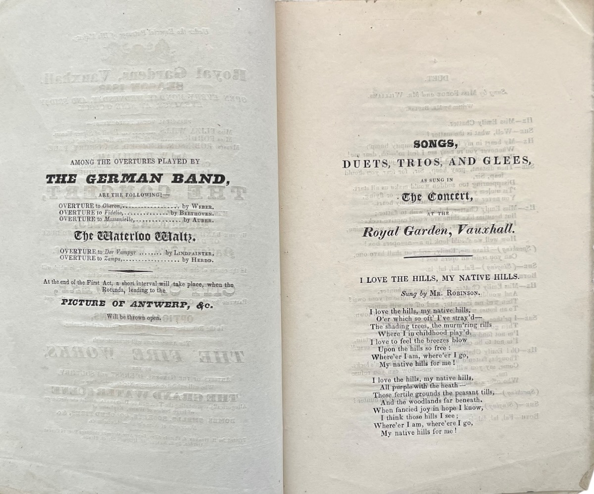Royal Gardens, Vauxhall, Season 1833. The Concert. Extensive Picture of the City of Antwerp. Optical Illusions. Fire Works by the Artists of the Gardens, D&rsquo;Ernst and Southby. concluding with a Grand Water Scene. Explosion of Bombs, Shells, Rockets, Colored[sic] Fires, &c.