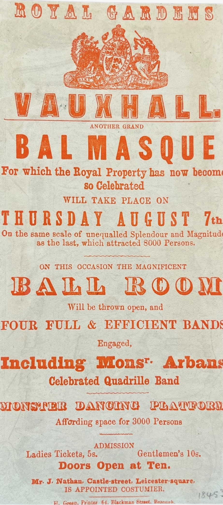 Another Grand Bal Masque for which the Royal property has now become so Celebrated will take place on Thursday August 7th. [with] Monster Dancing Platform Affording space for 3000 Persons.