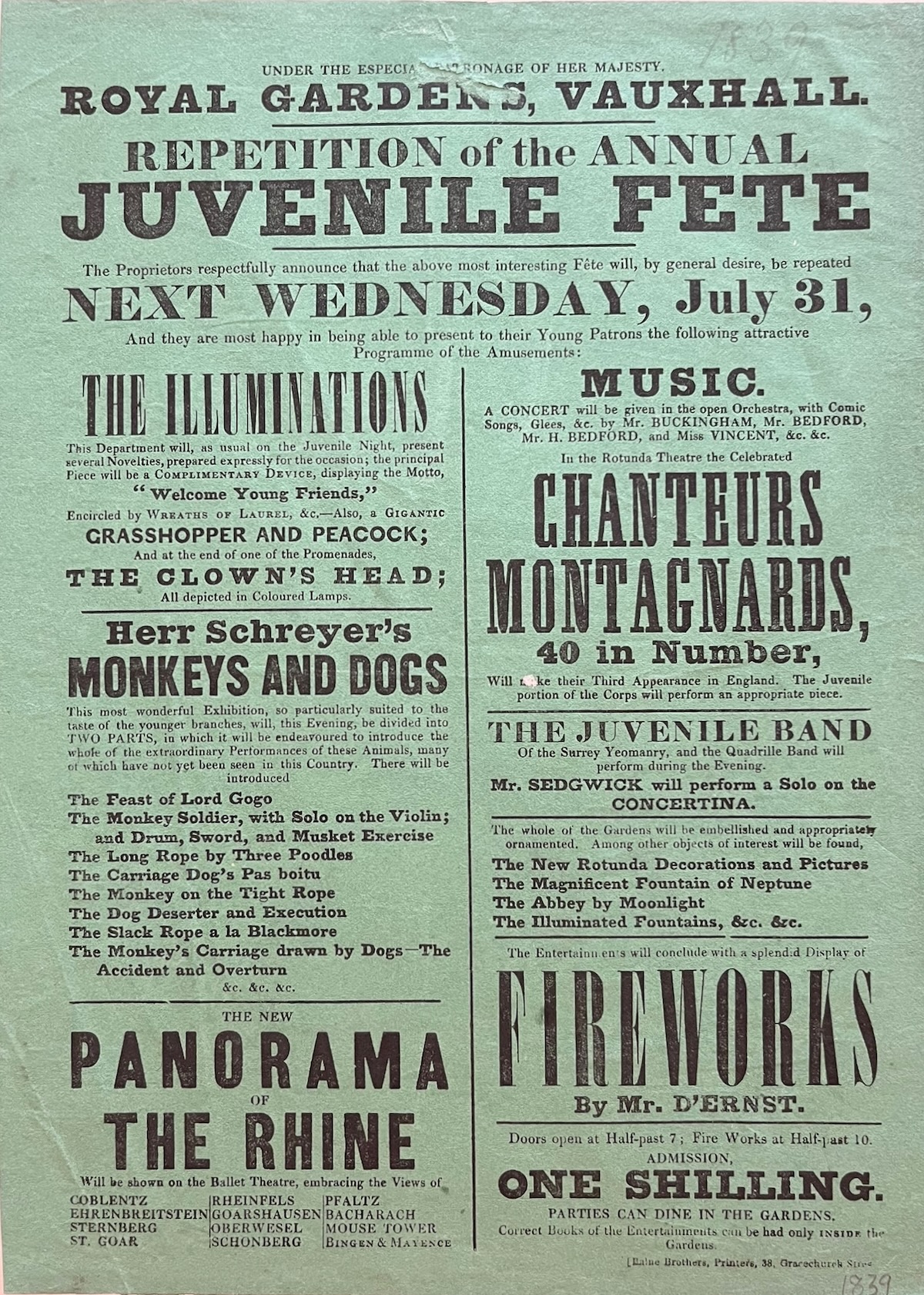 Repetition of the Annual Juvenile Fete. Next Wednesday, 31st July. The Illuminations. Gigantic Grasshopper and Peacock [and] The Clown&rsquo;s Head; all depicted in coloured lamps. Herr Schreyer&rsquo;s Monkeys and Dogs. The New Panorama of the Rhine. Splendid Display of Fireworks by Mr. D&rsquo;Ern