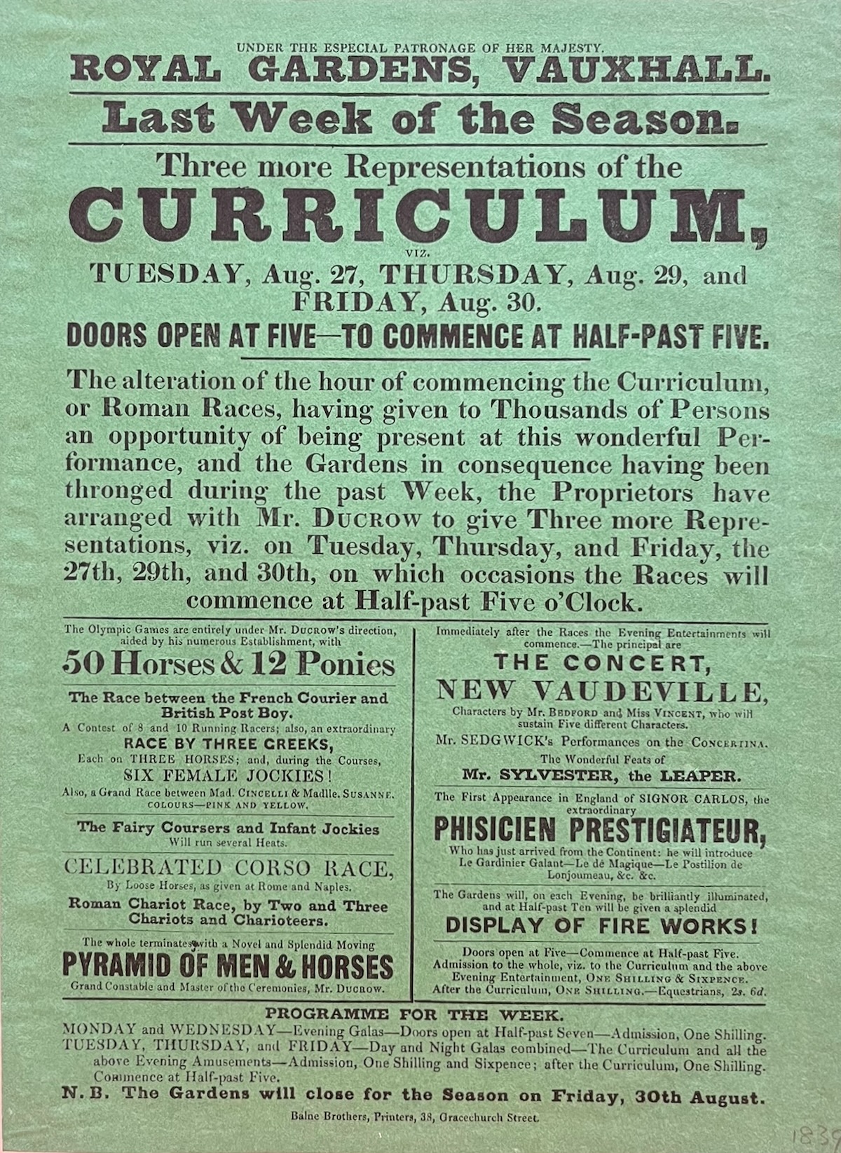 Three More representations of the Curriculum [or Roman Races]. 50 Horses & 12 Ponies. Six Female Jockeys. Pyramid of Men & Horses. Signor Carlos, the extraordinary Phisicien Prestigiateur. Display of Fire Works!