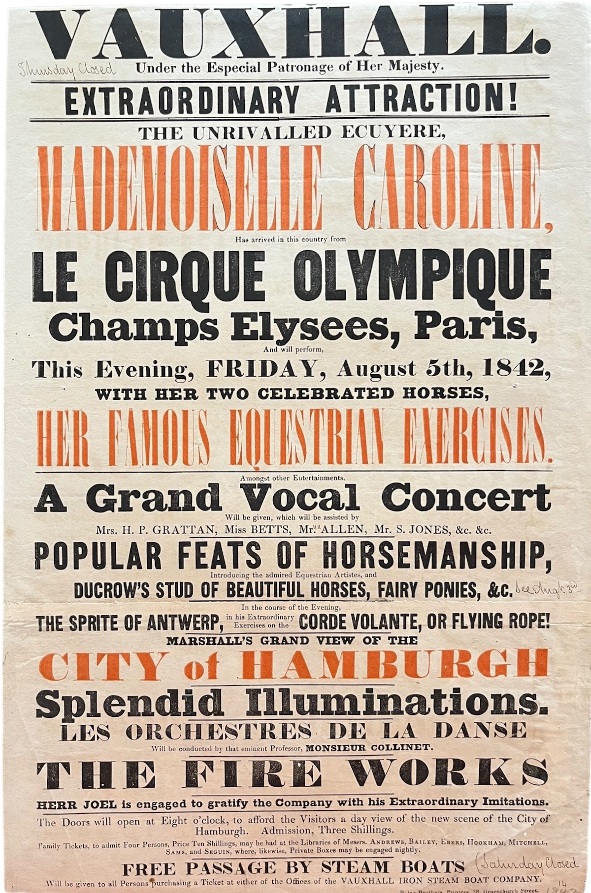 Extraordinary Attraction! The Unrivalled Ecuyere Mademoiselle Caroline, has arrived in this country from Le Cirque Olympique, Champs Elys&eacute;es, Paris. will perform. with her Two Celebrated Horses Her Famous Equestrian Exercises. Popular feats of Horsemanship. Ducrow&rsquo;s Stud of Beautiful Ho