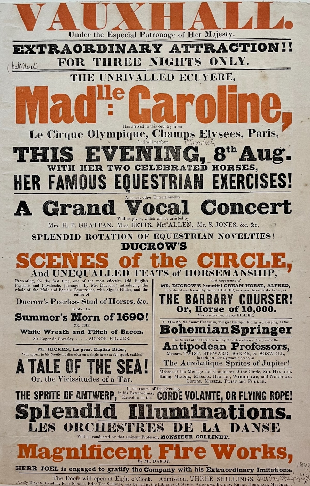 Extraordinary Attraction!! For Three Nights Only. The Unrivalled Ecuyere, Maddle. Caroline, has arrived in this country from Le Cirque Olympique, Champs Elys&eacute;es, Paris. Ducrow&rsquo;s Scenes of the Circle, and unequalled feats of horsemanship.