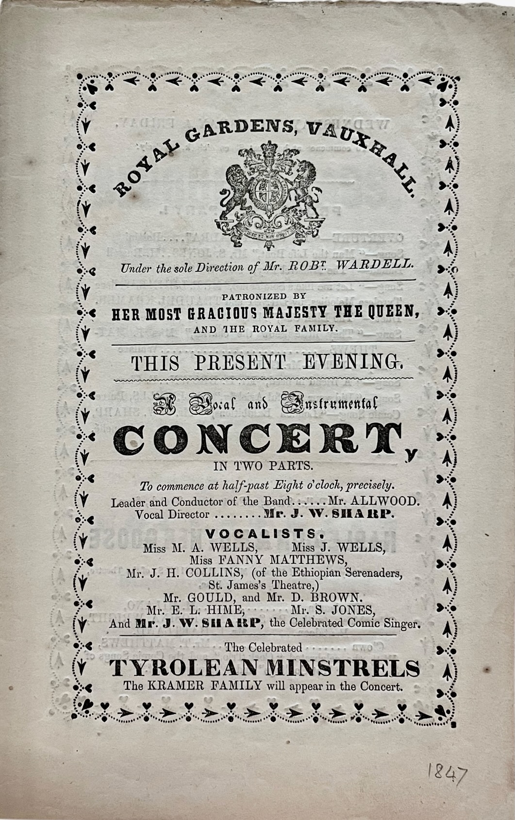 The Present Evening, A Vocal and Instrumental Concert. Harlequin & Mother Goose. the Renowned Bedouin Arabs. will give their unrivalled feats of Agility and Strength. Grand Equestrian Entertainment. when Mademoiselle Laurina will enact Jessie, the Flower of Dunblaine. The Sports of Atlas! The Ca