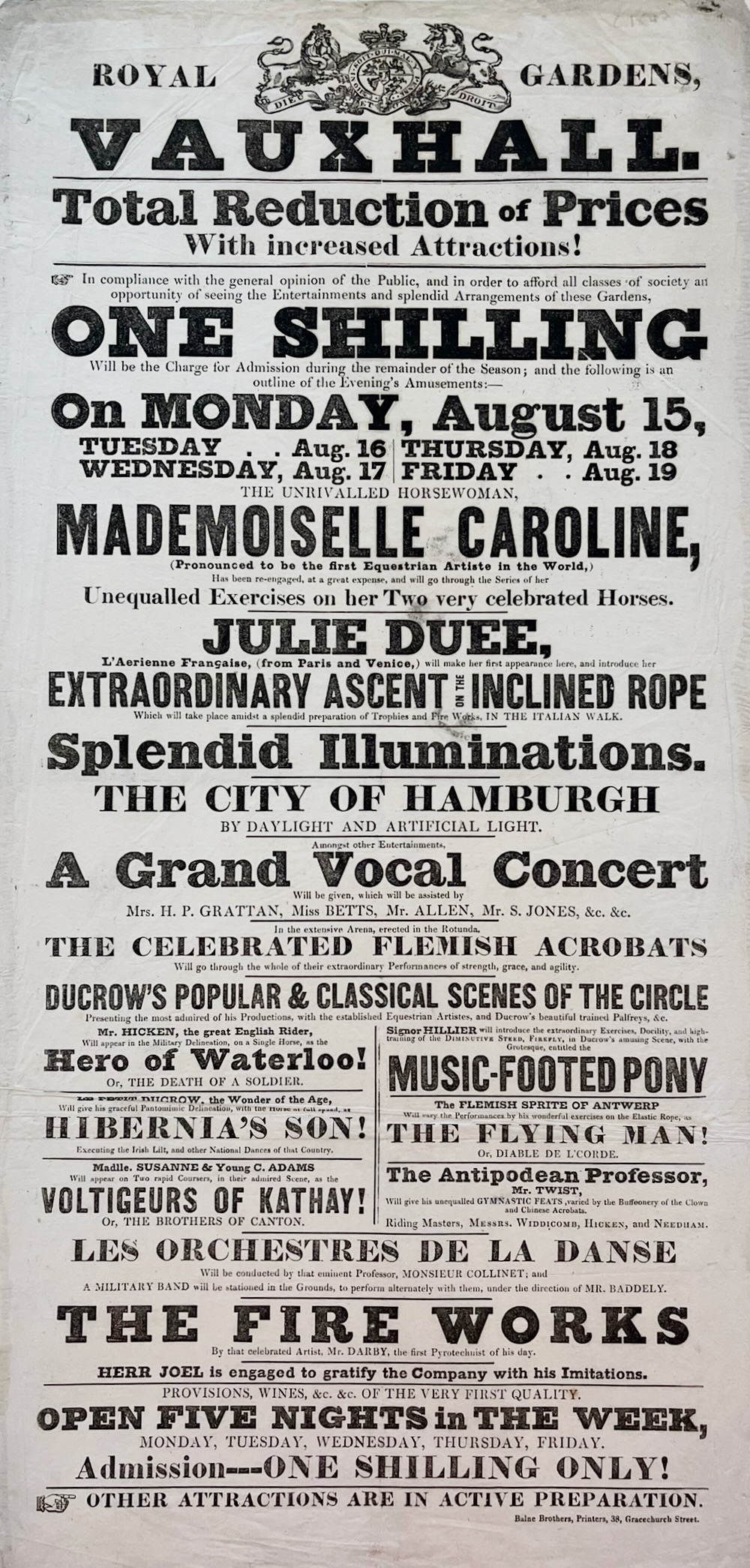 Total Reduction of Prices with Increased Attractions! The unrivalled Horsewoman Mademoiselle Caroline. Julie Duee, L&rsquo;Aerienne Fran&ccedil;aise. Splendid Illuminations. The City of Hamburg by Daylight and Artificial Light. Ducrow&rsquo;s Popular & Classical Scenes of the Circle. Music Foote