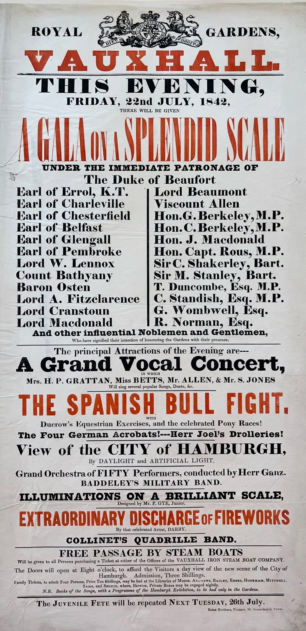 A Gala on a Splendid Scale under the Immediate Patronage of The Duke of Beaufort. The Spanish Bull Fight with Ducrow&rsquo;s Equestrian Exercises. View of the City of Hambrugh. Illuminations on a Brilliant Scale designed by M. F. Gye. junior. Extraordinary Discharge of Fireworks by that celebrated a