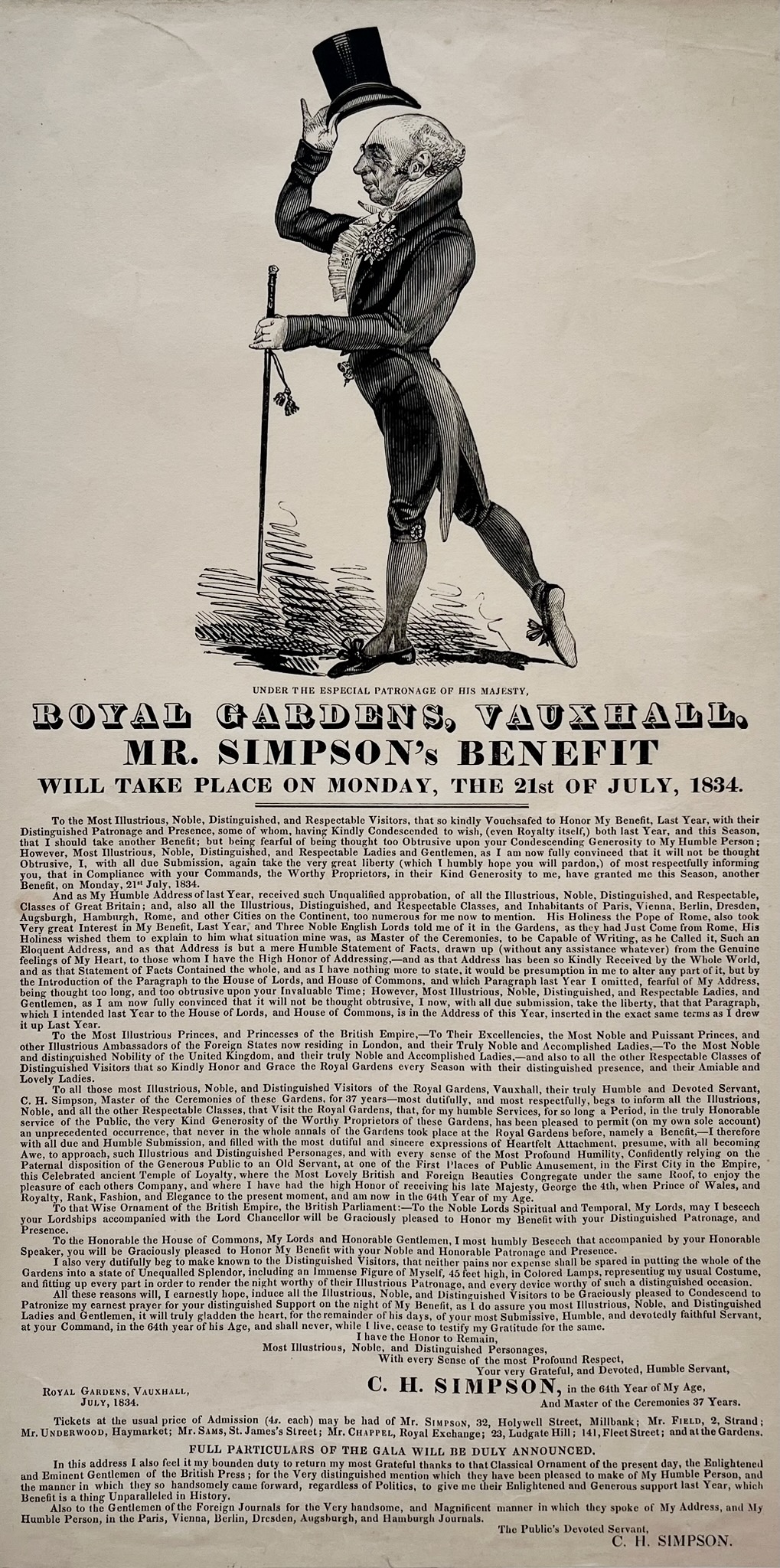 Royal Gardens, Vauxhall. Mr. Simpson&rsquo;s Benefit will take place on Monday, the 21st July, 1834.