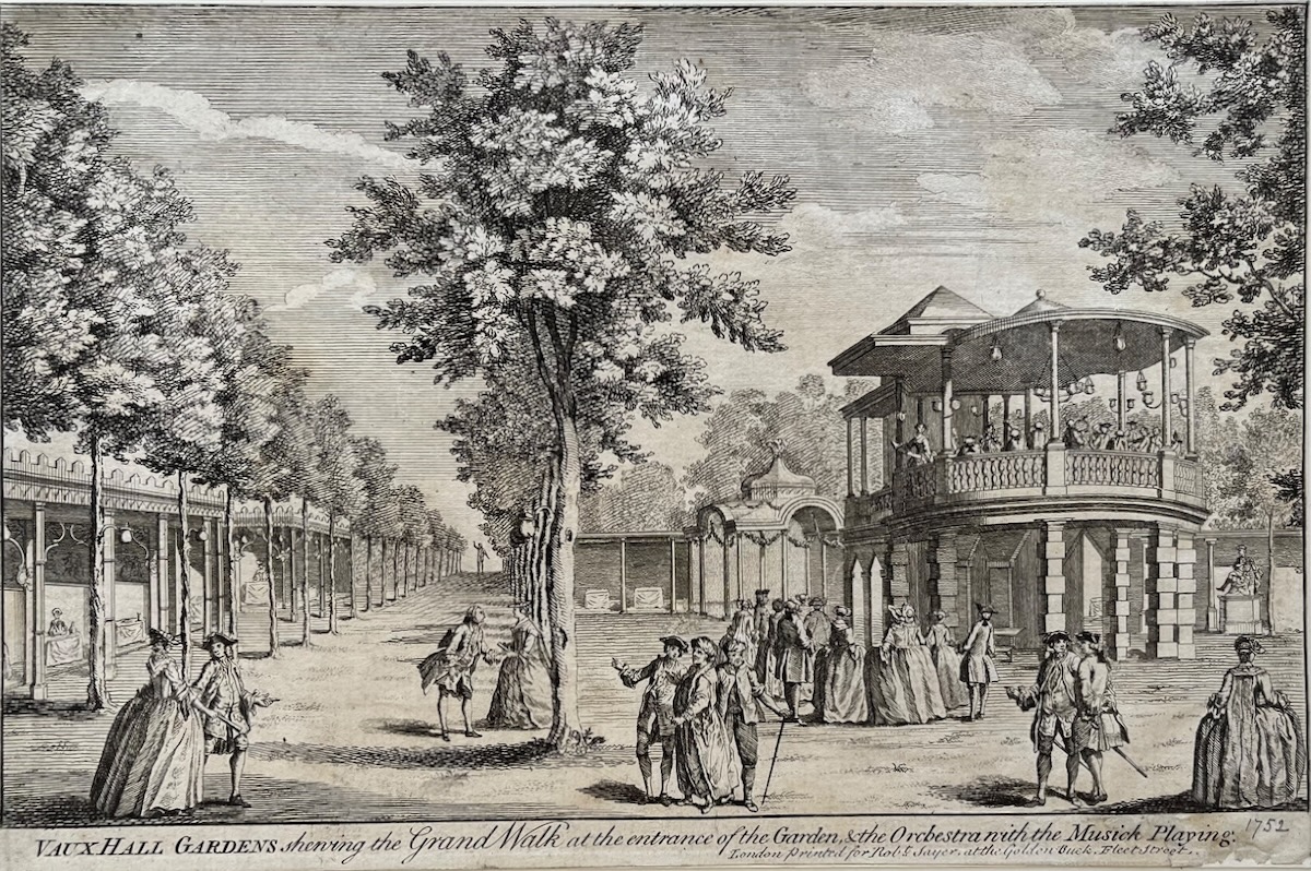 Vauxhall Gardens shewing the Grand Walk at the entrance of the Gardens & the Orchestra with Musick Playing.