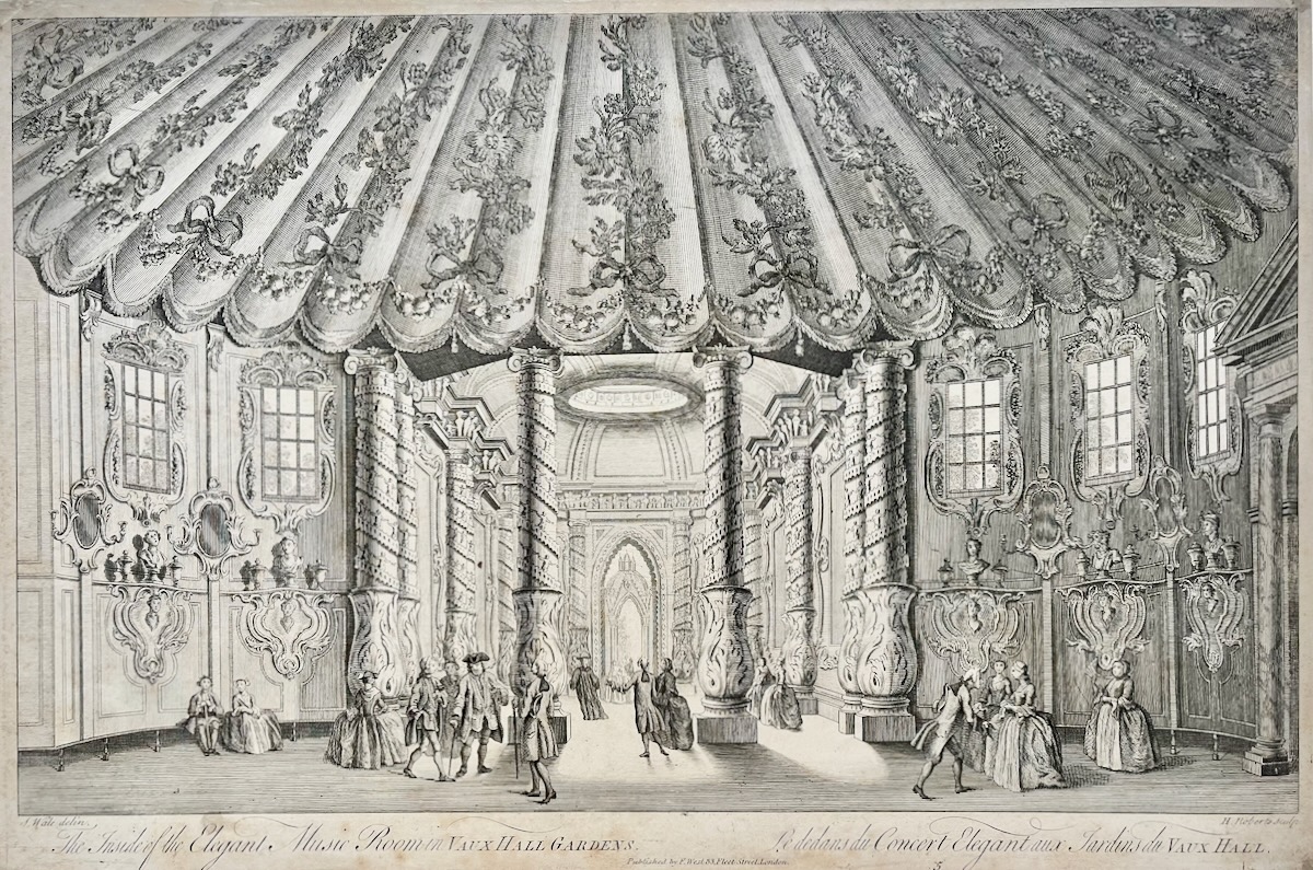 The Inside of the Elegant Music Room in Vaux Hall Gardens. Engraved by H. Roberts.
