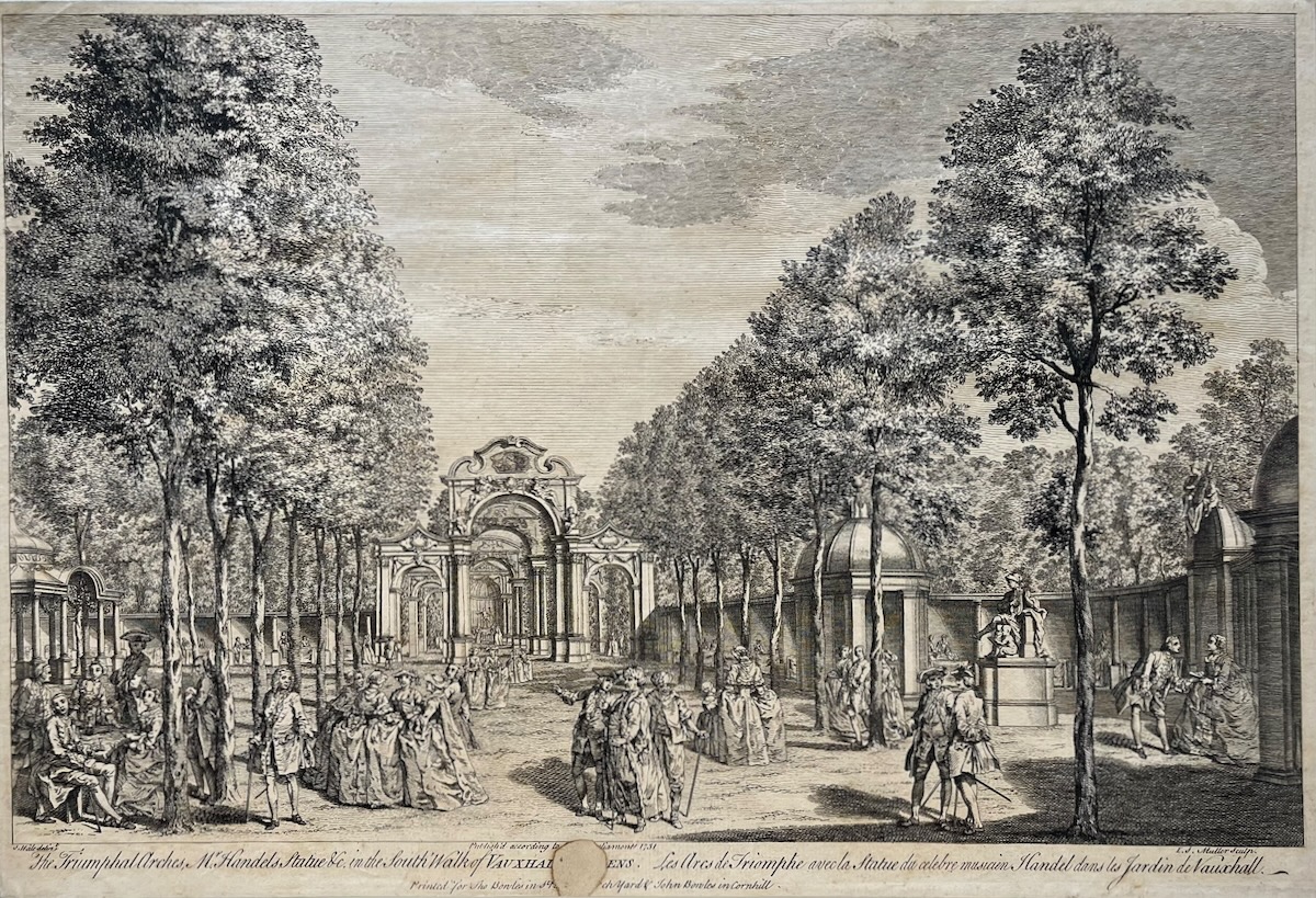 The Triumphal Arches, Mr. Handels Statue &c, in the South Walk of Vauxhall Gardens, Engraved by J.S. Muller.