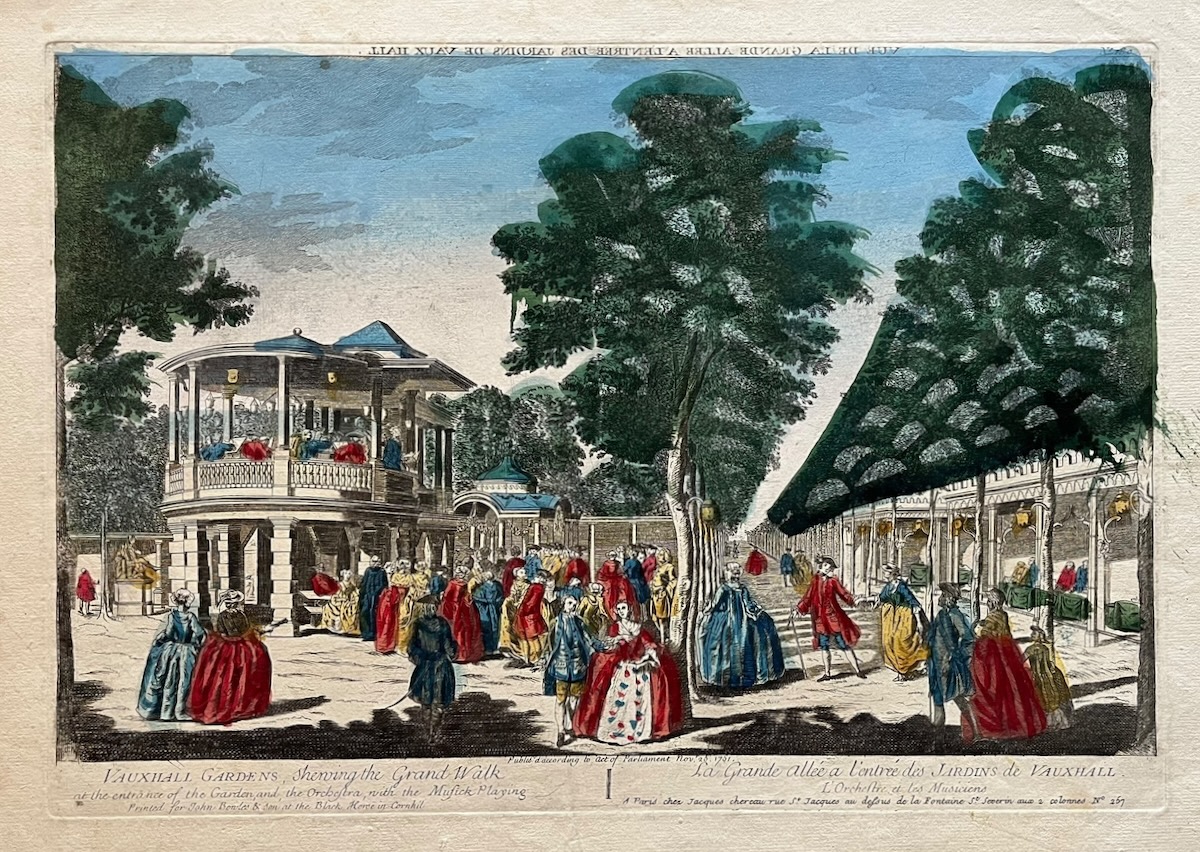 Vauxhall Gardens shewing the Grand Walk at the entrance of the Gardens & the Orchestra with Musick Playing.