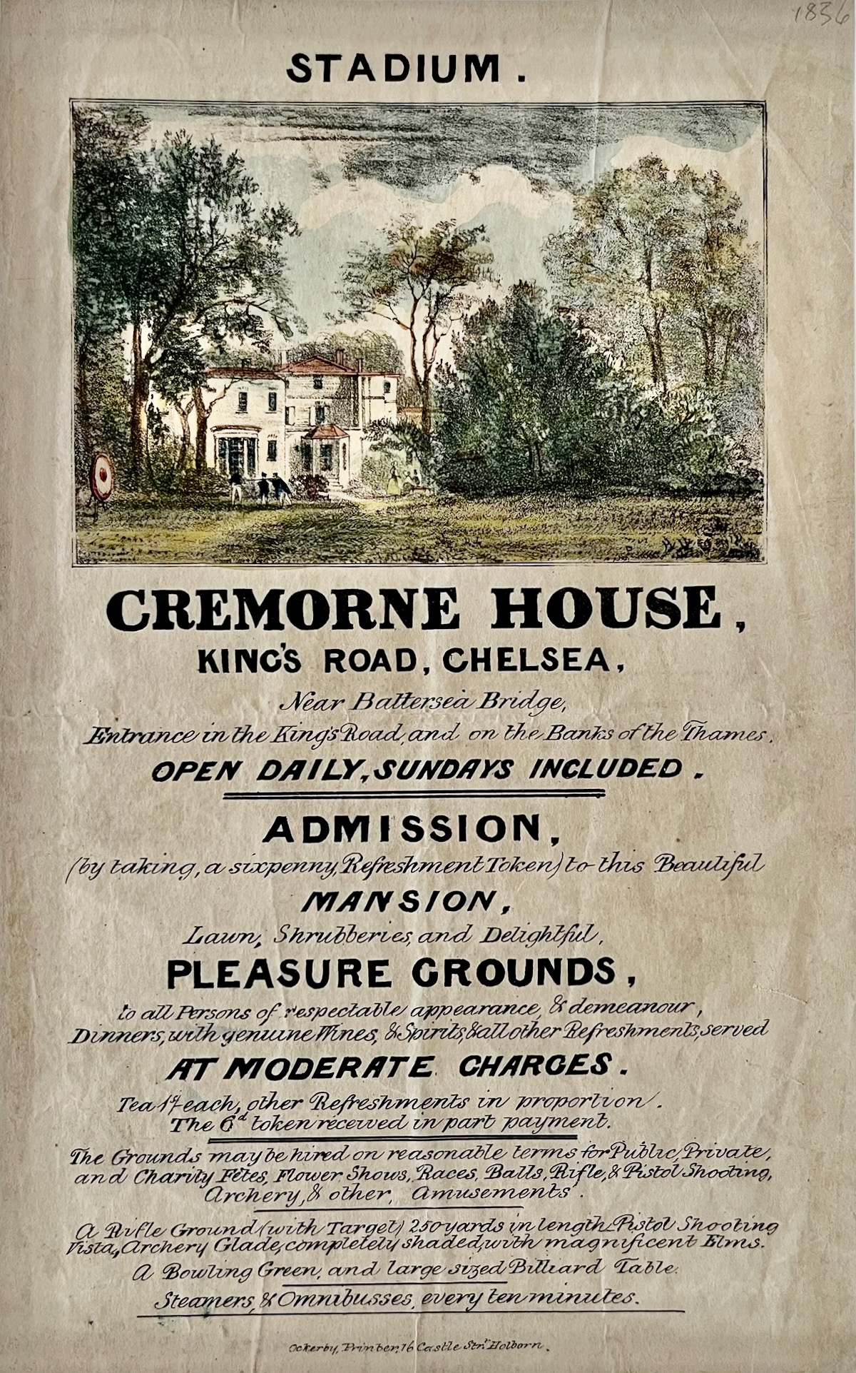 Stadium. Cremorne House, King&rsquo;s Road, Chelsea. Mansion, Lawn, Shrubberies, and Delightful Pleasure Grounds. at Moderate Charges.