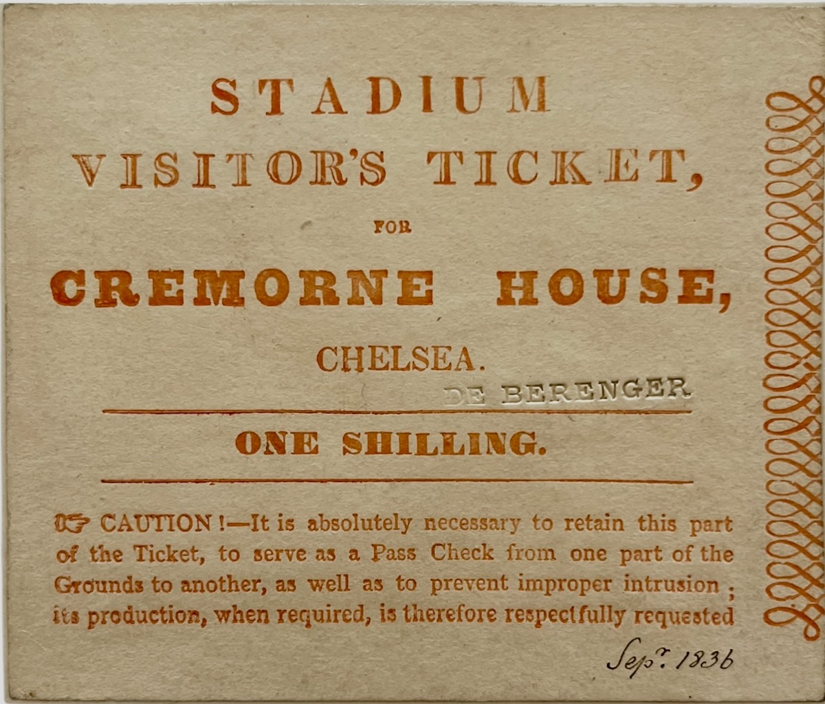 Stadium Visitor&rsquo;s Ticket for Cremorne House, Chelsea.
