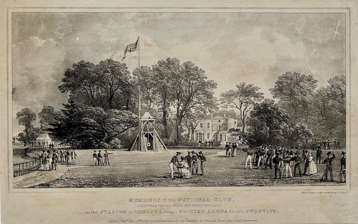 Members of the National Club, cultivating various skilful and manly exercises at the Stadium at Chelsea, being a British Arena for such pursuits.