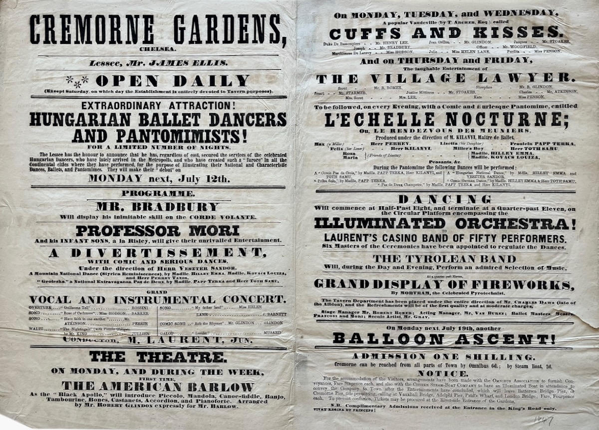 Extraordinary Attraction! Hungarian Ballet Dancers and Pantomimists! Mr. Bradley will display his inimitable skill on the Corde Volante. Professor Mori and his Infant Sons a la Risley, will give Unrivalled Entertainment. Grand Display of Fireworks by Mortram. Another Balloon Ascent.