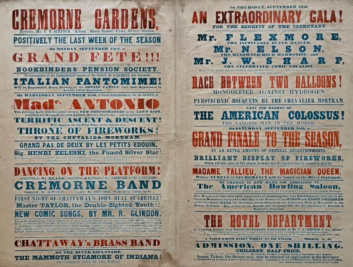 Positively the Last Week of the Season. Grand Fete!!! In aid of the Bookbinders&rsquo; Pension Society. Made. Antonio. several new performances on the Lawn Rope including her Daring Feats with Ladders, Bottles, Chairs, &c.; in addition to her Terrific Ascent & Descent! Will appear for the fi