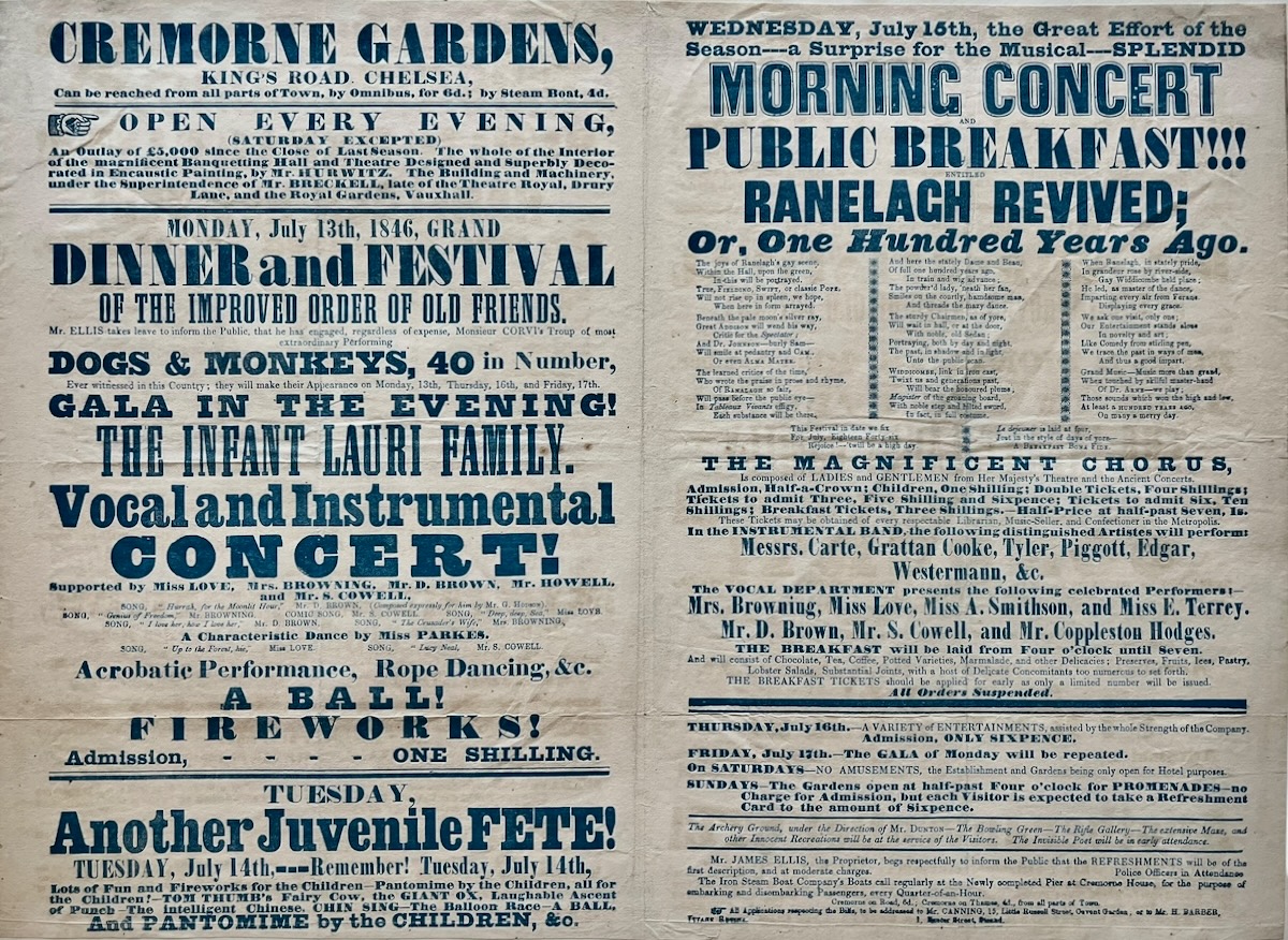 Dinner and Festival of the Improved Order of Old Friends. Monsieur Corvi&rsquo;s Troup of Most Extraordinary Performing Dogs & Monkeys, 40 in Number. Acrobatic Performance, Rope Dancing, &c. A Ball! Fireworks! Morning Concert and Public Breakfast!!! entitled Ranlagh Revived.