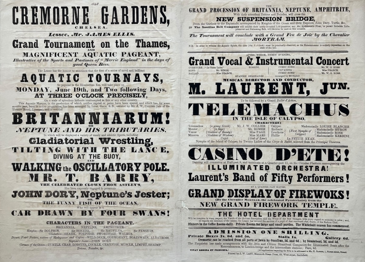 Grand Tournament on the Thames and Magnificent Aquatic Pageant, Illustrative of the Sports and Pastimes of &ldquo;Merrie England&rdquo; in the Days of Good Queen Bess. Aquatic Tourneys. Britanniarum! or, Neptune and His tributaries. Gladiatorial Wrestling, Tilting with the Lance, Diving at the Buoy,
