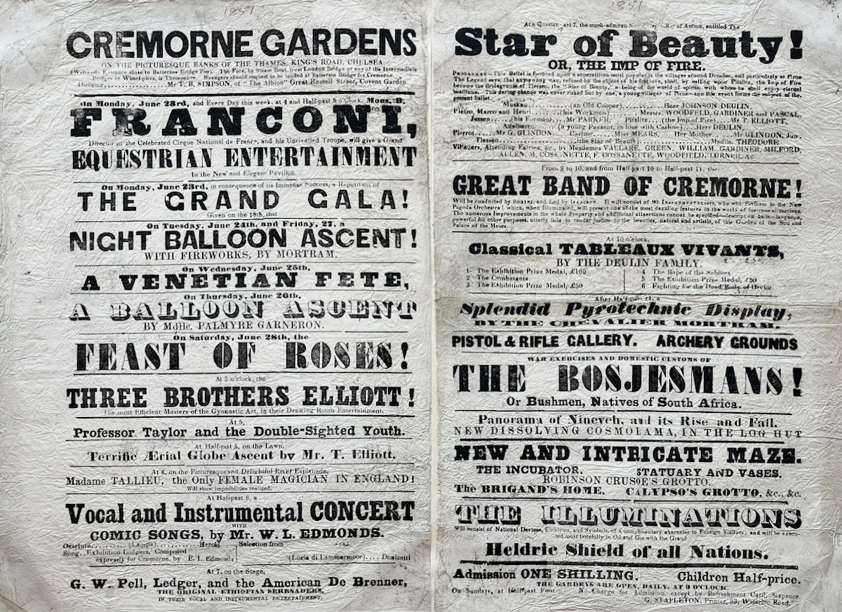 Mons. B. Franconi, Director of the Celebrated Cirque National de France, and his unrivalled Troupe will give a Grand Equestrian Entertainment. Night Balloon Ascent! With Fireworks, by Mortram. A Balloon Ascent by Mdlle. Palmyre Garneron. Feats of Roses. The Brothers Elliott! The Most Efficient Maste
