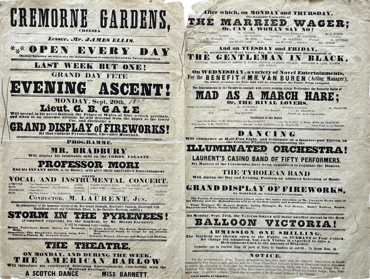 Grand Day Fete and Evening Ascent! Lieut. G.B. Gale will ascend in his novel balloon, the Prince of Wales. when at an immense altitude, he will descend from the upper to the lower car, and discharge a Grand Display of Fireworks by that eminent pyrotechnist, Chevalier Mortram. Mr. Bradbury will displ