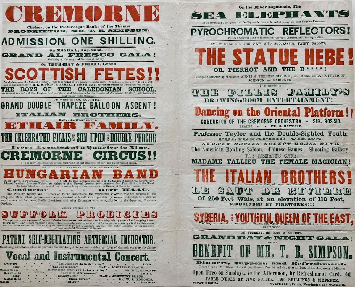 Scottish Fetes!! Grand Double Trapeze Balloon Ascent! By the Italian Brothers. Cremorne Circus. Immense Success of the Suffolk Prodigies. The most marvellous success of Colossal Infantine Development ever exhibited: the boy being only 5&frac12; years old and weighing 8 stone, the girl only 4 years o