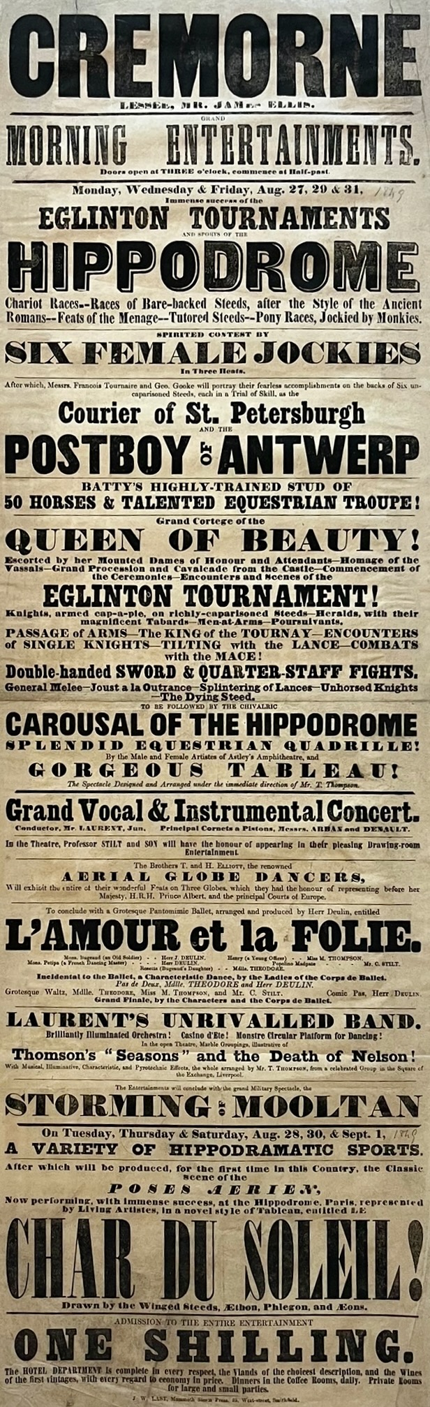 Morning Entertainments. Eglington Tournaments and Sports of the Hippodrome. Six Female Jockies. Trial of Skill [between] Courier of St. Peterburgh and the Postboy of Antwerp. Double-handed sword & Quarter-staff Fights. General Mel&eacute;e - Joust &agrave; la Outrance - Splintering of Lances - U
