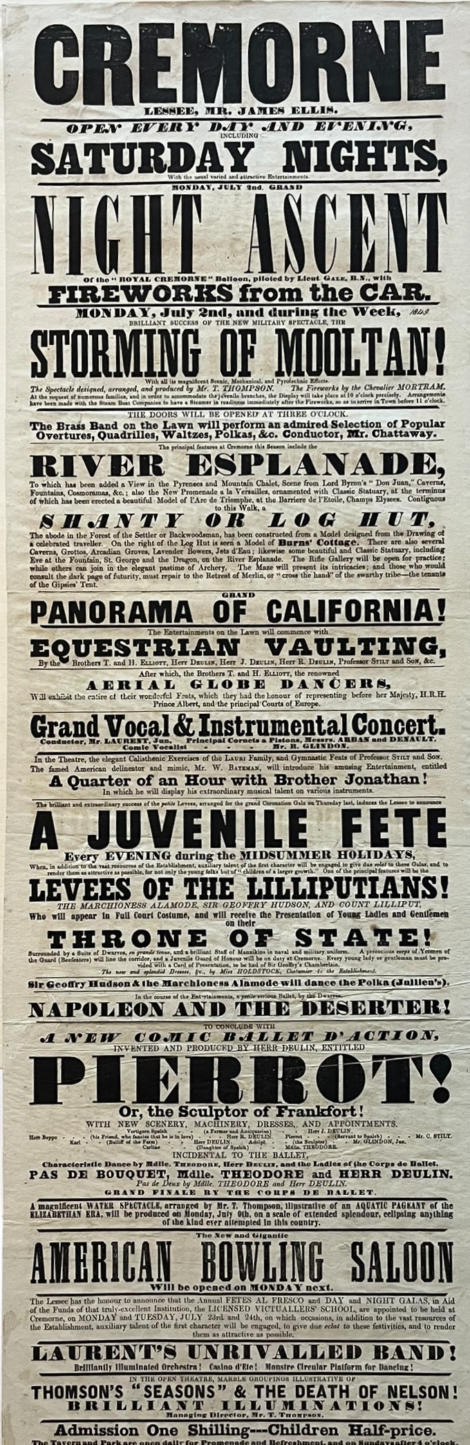 Night Ascent of the Royal Cremorne Balloon, piloted by Lieut. Gale, R.N. with Fireworks from the Car. The Storming of Mooltan! With all its magnificent Scenic, Mechanical, and Pyrotechnic Effects. River Esplanade, [with] a View of the Pyrenees and Mountain Chalet. A Model of Burns&rsquo; Cottage. Gr